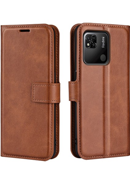 Xiaomi Redmi 10A Için Dokulu Pu Deri Koruyucu Kapak, Kare Manyetik Toka Cüzdan Standı Telefon Vaka Işığı Kahverengi (Yurt Dışından)