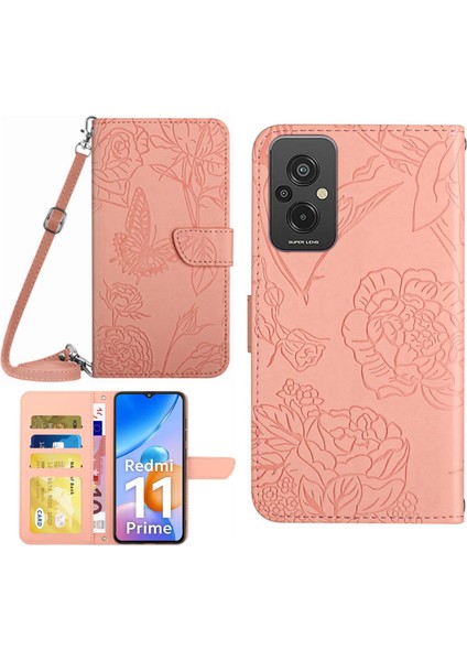 Xiaomi Redmi Için 11 Prime 4g HT03 Parmak Izi Ücretsiz Kelebek Çiçekleri Baskılı Cüzdan Kılıfı Deri Dokunlu Pu Deri Flip Folio Stand Manyetik Kapak Omuz Kayış Pink (Yurt Dışından)