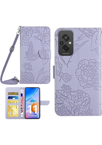 Xiaomi Redmi Için 11 Prime 4g HT03 Parmak Izi Ücretsiz Kelebek Çiçekleri Baskılı Cüzdan Kılıfı Deri Doku Pu Deri Deri Folio Folio Stand Manyetik Kapak Omuz Kayışı Doğru (Yurt Dışından)