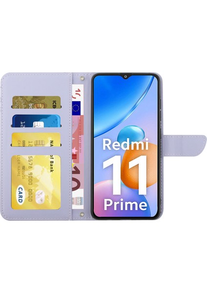 Xiaomi Redmi Için 11 Prime 4g HT03 Parmak Izi Ücretsiz Kelebek Çiçekleri Baskılı Cüzdan Kılıfı Deri Doku Pu Deri Deri Folio Folio Stand Manyetik Kapak Omuz Kayışı Doğru (Yurt Dışından)