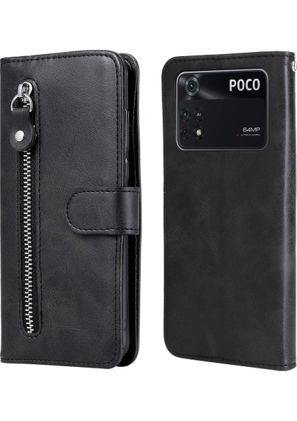 Xiaomi Için Poco M4 Pro Cüzdan Stand Özellik Pu Deri Telefon Kılıfı Manyetik Toka Fermuar Cep Şok Geçirmez (Yurt Dışından)