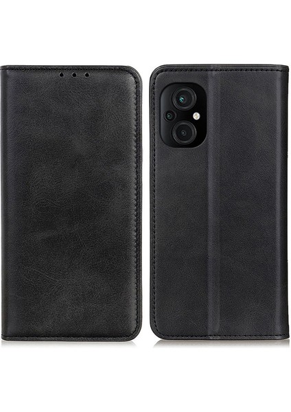 Xiaomi Poco M5 Için 5g/4g Cowhide Doku Bölünmüş Deri Telefon Kılıfı Manyetik Otomatik Kapanış Stand Standı Cüzdan Anti-Çizelge Kapak Black (Yurt Dışından)