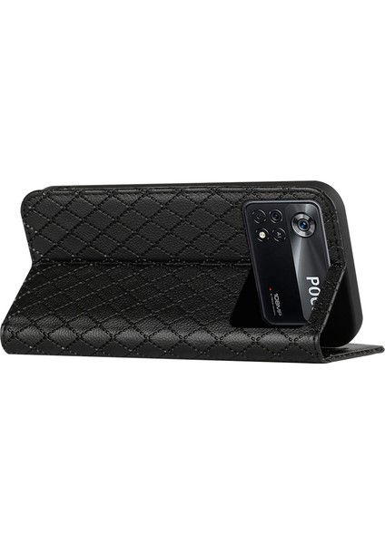 Xiaomi Poco X4 Pro 5g Anti-Fall Litchi Doku Telefon Cüzdan Stand Rhombus Desenli Rfıd Engelleme Koruyucu Case Black (Yurt Dışından)