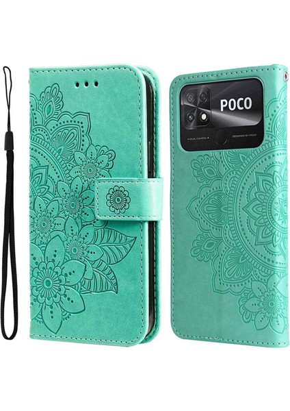 Xiaomi Için Poco C40 4g Çiçek Baskı Pu Deri Telefon Koruyucu Kılıf Flip Stand Cüzdan Kapağı Strap-Green (Yurt Dışından)