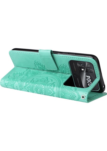 Xiaomi Için Poco C40 4g Çiçek Baskı Pu Deri Telefon Koruyucu Kılıf Flip Stand Cüzdan Kapağı Strap-Green (Yurt Dışından)