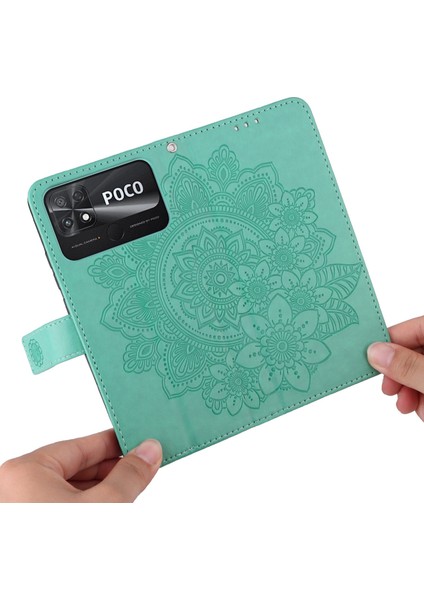 Xiaomi Için Poco C40 4g Çiçek Baskı Pu Deri Telefon Koruyucu Kılıf Flip Stand Cüzdan Kapağı Strap-Green (Yurt Dışından)
