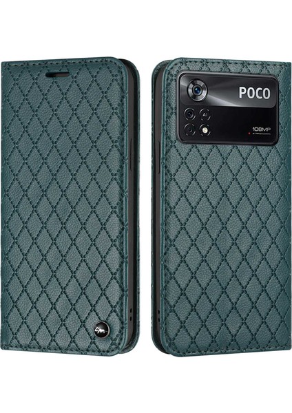 Xiaomi Poco X4 Pro 5g Anti-Fall Litchi Doku Telefon Cüzdan Standı Rhombus Desenli Rfıd Engelleme Koruyucu Vaka-Yeşil (Yurt Dışından)