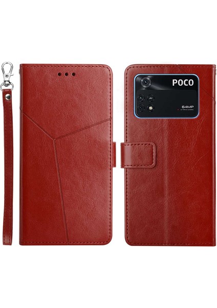 HT01 Pu Deri Telefon Kabuğu Xiaomi Poco M4 Pro 4g, Y Şeklinde Çizgiler Izleme Cüzdan Stand Telefon Kapak Kahverengi (Yurt Dışından)