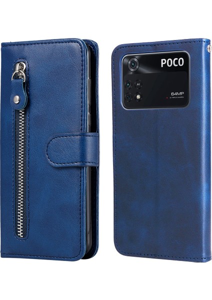 Xiaomi Için Poco M4 Pro Cüzdan Stand Özelliği Pu Deri Telefon Kılıfı Manyetik Toka Fermuar Cep Şok Geçirmez Kapak Mavisi (Yurt Dışından)