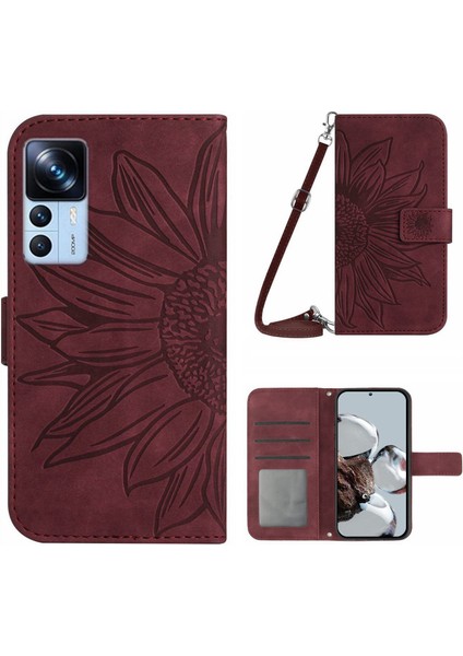 Xiaomi 12T 5G/12T Pro 5g/redmi K50 Ultra 5g HT04 Baskılı Ayçiçeği Flip Cüzdan Kapağı Cilt Pu Deri Deri Stand Manyetik Şok Geçirmez Folyo Folio Telefon Kılıfı Omuz Kayışı Kırmızısı (Yurt Dışından)