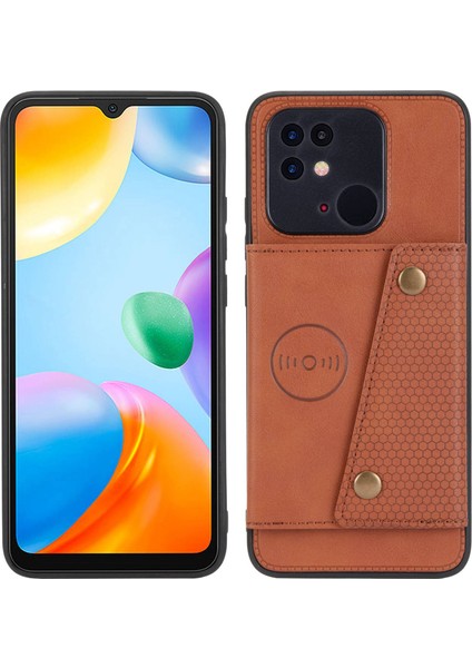 Xiaomi Poco C40 4g Çift Düğme Kart Yuvaları Kickstand Telefon Damla Geçirmez Kapak Pu Deri Kaplamalı Tpu Kılıfı Dahili Metal Light Kahverengi (Yurt Dışından)