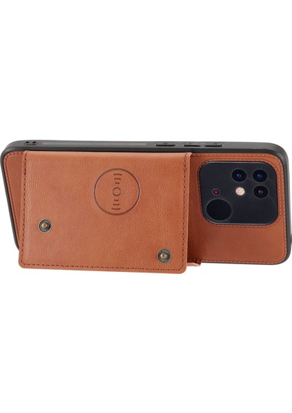 Xiaomi Poco C40 4g Çift Düğme Kart Yuvaları Kickstand Telefon Damla Geçirmez Kapak Pu Deri Kaplamalı Tpu Kılıfı Dahili Metal Light Kahverengi (Yurt Dışından)