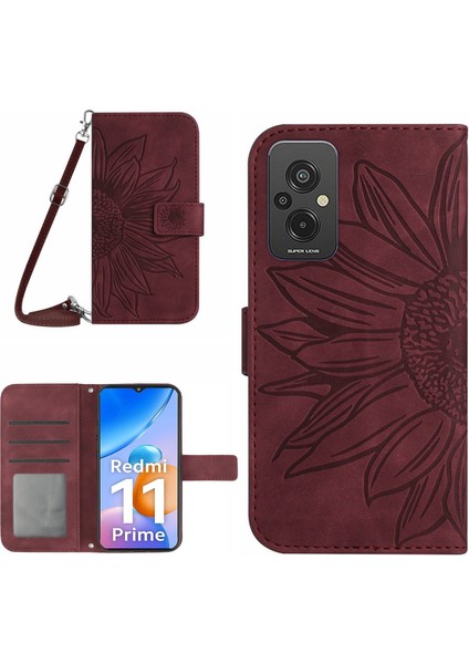 Xiaomi Redmi Için 11 Prime 4g HT04 Ayçiçeği Baskalı Flip Shell, Pu Deri Cüzdan Kılıfı Stand Stand Fonksiyon Cilt Dokun (Yurt Dışından)