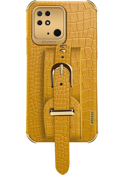 Xiaomi Redmi Için 10C Elektrapılaşma Timsah Doku Pu Deri Kaplamalı Tpu Kılıf El Kayışı Kickstand Telefon Kapak Sarı (Yurt Dışından) modelleri