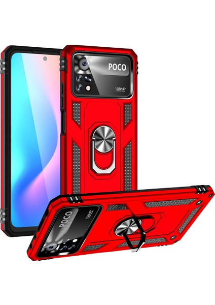 Xiaomi Poco X4 Pro 5g Yüzük Kickstand Telefon Kılıfı Yumuşak Tpu+Sert Pc Askeri Şok Geçirmez Koruyucu Kapak-Kırmızı (Yurt Dışından)
