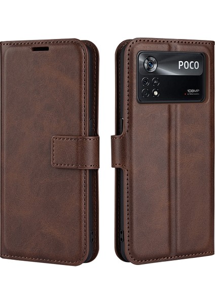 Folio Flip Deri Kılıfı Xiaomi Poco X4 Pro 5g, Stand Cüzdan-Kahverengi ile Manyetik Toka Telefon Kabuğu Kapağı (Yurt Dışından)
