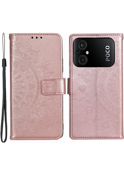 Xiaomi Poco M5 4g Için Tpu+Pu Deri Telefon Kılıfı, Cüzdan Stand Baskılı Mandala Çiçek Desen Telefon Kapağı Strap-Rose Gold ile (Yurt Dışından)