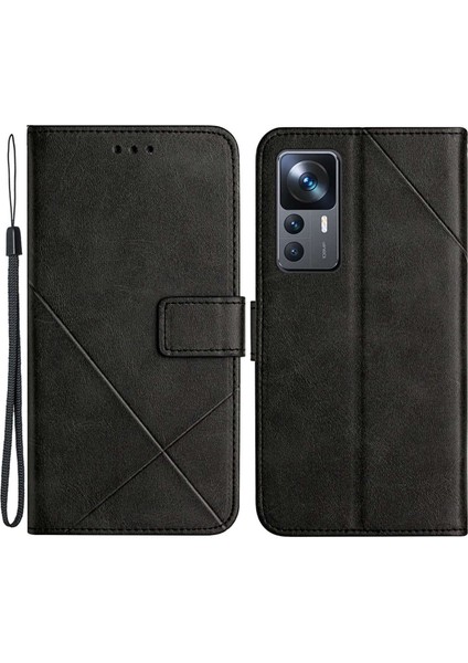 Xiaomi 12T 5G/12T Pro 5g/redmi K50 Ultra 5g Düz Renk Çizgisi Baskı Pu Deri Telefon Kabuğu, Cüzdan Stand Şok Geçirmez Manyetik Toka Telefon Kılıfı Black (Yurt Dışından)