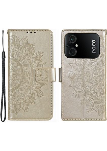 Xiaomi Poco M5 4g Için Tpu+Pu Deri Telefon Kılıfı, Cüzdan Stand Baskılı Mandala Çiçek Desen Telefon Kapağı Strap-Gold ile (Yurt Dışından)