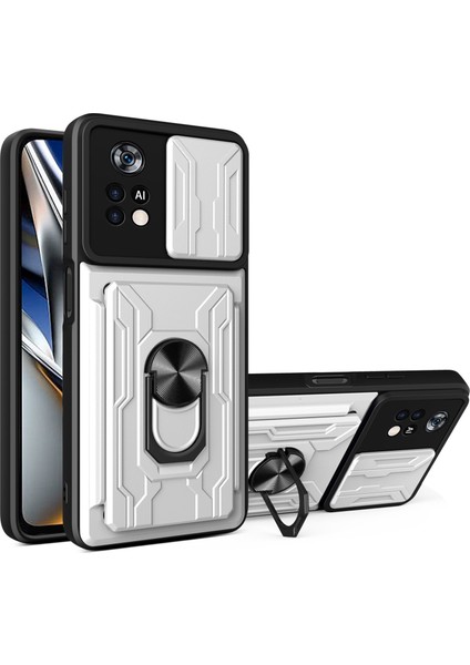 Xiaomi Poco X4 Pro 5g Slayt Kamera Kapağı Pc+Tpu Kart Tutucu Telefon Kılıfı ile Ring Kickstand-White (Yurt Dışından)