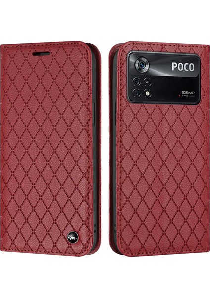 Xiaomi Poco X4 Pro 5g Anti-Fall Litchi Doku Doku Desenli Desenli Desen Rfıd Engelleme Koruyucu Kılıf Kırmızısı (Yurt Dışından)