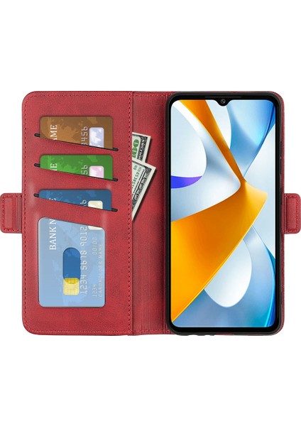 Xiaomi Poco C40 4g Anti-Çizelge Pu Deri Deri Çift Manyetik Tokal Buzağı Doku Doku Standı Cüzdan Damla Koruma Telefon Kapak-Kırmızı (Yurt Dışından)