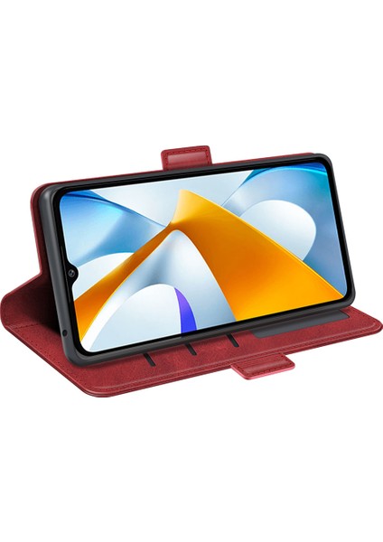 Xiaomi Poco C40 4g Anti-Çizelge Pu Deri Deri Çift Manyetik Tokal Buzağı Doku Doku Standı Cüzdan Damla Koruma Telefon Kapak-Kırmızı (Yurt Dışından)