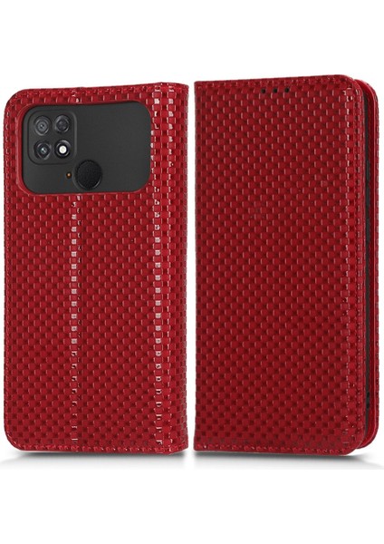 Xiaomi Için Poco C40 4g Şok Geçirmez Izgara Dokusu Pu Deri Deri Telefon Kılıf Standı Manyetik Otomatik Absorbed Telefon Cüzdan Kapak Kırmızısı (Yurt Dışından)