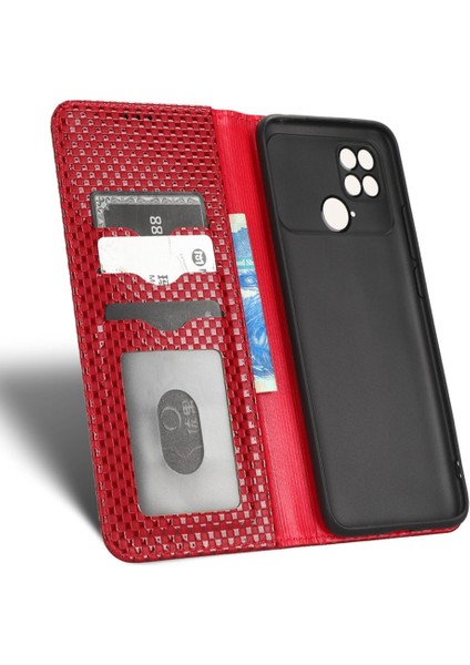 Xiaomi Için Poco C40 4g Şok Geçirmez Izgara Dokusu Pu Deri Deri Telefon Kılıf Standı Manyetik Otomatik Absorbed Telefon Cüzdan Kapak Kırmızısı (Yurt Dışından)