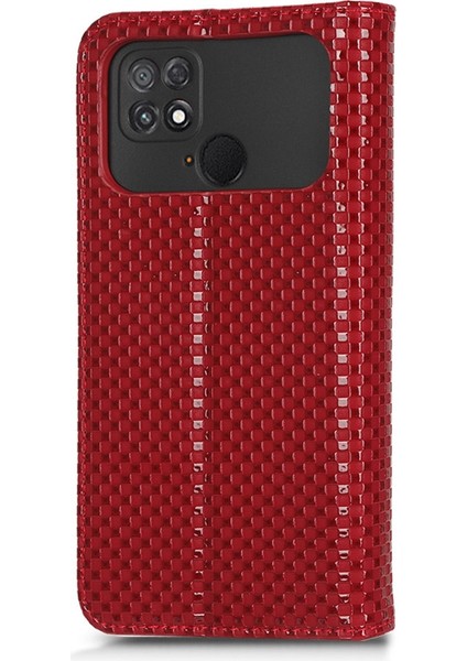 Xiaomi Için Poco C40 4g Şok Geçirmez Izgara Dokusu Pu Deri Deri Telefon Kılıf Standı Manyetik Otomatik Absorbed Telefon Cüzdan Kapak Kırmızısı (Yurt Dışından)
