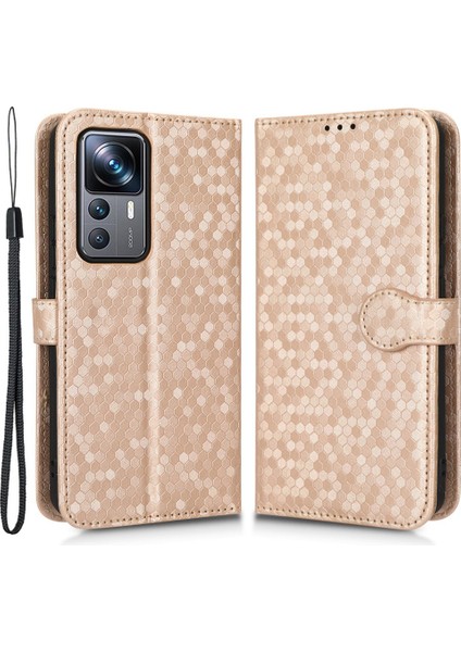 Xiaomi 12T Pro 5g Dot Desen Için Baskılı Pu Deri Telefon Kılıfı Stand Cüzdan Manyetik Damla Damlı Flip Folio Telefon Kapağı Strap-Rose Altın (Yurt Dışından)