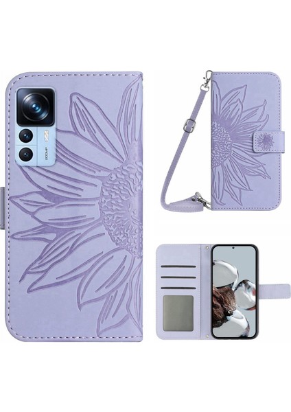 Xiaomi 12T 5G/12T Pro 5g/redmi K50 Ultra 5g HT04 Baskılı Ayçiçeği Flip Cüzdan Kapak Cilt Pu Deri Deri Stand Manyetik Şok Geçirmez Folio Folio Telefon Kılıfı Omuz Kayış Light Mor ile (Yurt Dışından)