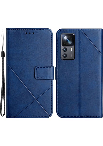 Xiaomi 12T 5G/12T Pro 5g/redmi K50 Ultra 5g Düz Renk Çizgisi Baskı Pu Deri Telefon Kabuğu, Cüzdan Stand Şok Geçirmez Manyetik Toka Telefon Kılıf Mavisi (Yurt Dışından)