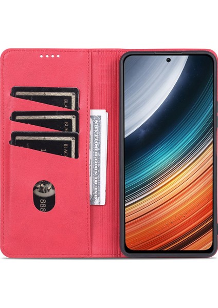 4U Sky Xiaomi Için Poco F4 5g/redmi K40S 5g Cüzdan Telefon Kılıfı Manyetik Otomatik Ahlak Dokulu Pu Deri Stand Koruyucu Telefon Kapak-Kırmızı (Yurt Dışından)