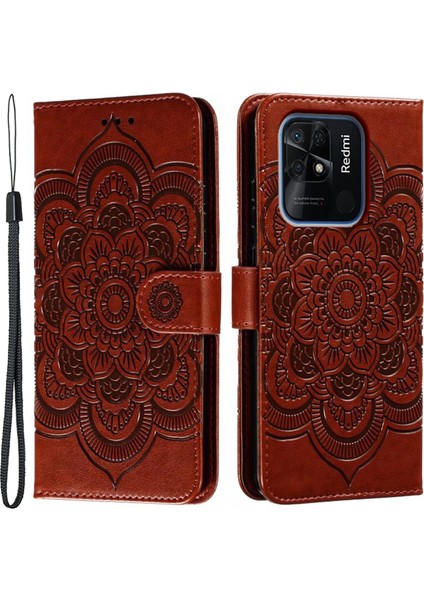 Xiaomi Redmi 10C 4g Pu Deri Cüzdan Stand Kılıfı Mandala Çiçek Telefon Kapak Kahverengi (Yurt Dışından)