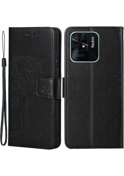 Xiaomi Redmi Için 10C Stand Pu Deri Kılıf Baskılı Baykuş Ağacı Desen Cüzdan Kapağı Strap-Black (Yurt Dışından)