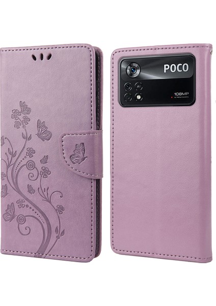 Xiaomi Poco X4 Pro 5g Kelebek Çiçeği Dragriting Cüzdan Düzeyli Pu Deri Bilek Kayışı Stand Özellik Koruyucu Kapak Light Mor (Yurt Dışından)