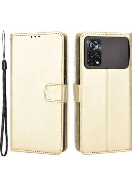 Xiaomi Için Poco X4 Pro 5g Çılgın At Dokusu Flip Cover Pu Deri Stand Cüzdan Şok Geçirmez Koruyucu Telefon Kasası, Bilek Kayış-Altın (Yurt Dışından)