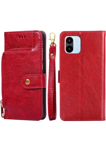 Xiaomi Için Redmi A1 4g/a2 4g Fermuar Poc Pu Deri Deri Stand Cüzdan Kılıfı Folyo Flip Şok Geçirmez Telefon Kapağı Kullanışlı Kayış-Kırmızı ile (Yurt Dışından)