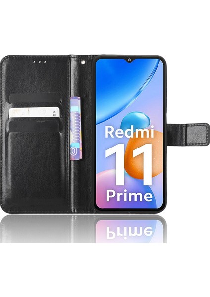 Pu Deri Cüzdan Xiaomi Redmi Için Manyetik Telefon Kılıfı 11 Prime 4g, Çılgın At Doku Standı Özellik Kabuk Kapağı Strap-Black (Yurt Dışından)
