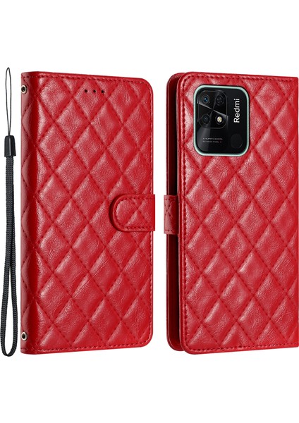 Xiaomi Redmi 10C Için 4g Katlanabilir Stand Telefon Deri Kılıf Dikiş Çizgisi Rhombus Cüzdan Kapak-Kırmızı (Yurt Dışından)