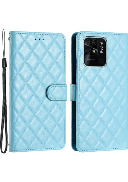 Xiaomi Redmi 10C Için 4g Katlanabilir Stand Telefon Deri Kılıf Dikiş Çizgisi Rhombus Cüzdan Kapak Sky Mavi (Yurt Dışından)