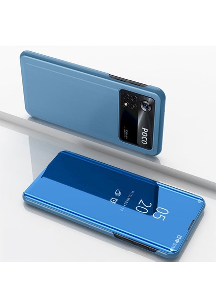 Xiaomi Için Poco M4 Pro 4g Ayna Tasarım Akıllı Görünüm Pencere Ekran Ekran Pu Pu Deri Elektroplat Kaplama Standı Anti-Fall Koruyucu Flip Cover Sky Mavi (Yurt Dışından)