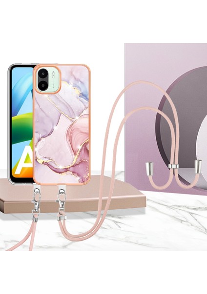 Xiaomi Için Redmi A1 4g/a2 4g Mermer Desen Damla Koruma Telefon Kılıfı Imd Elektroplasyon Çerçevesi Tpu Koruyucu Kapak Lanyard-Rose Altın (Yurt Dışından)