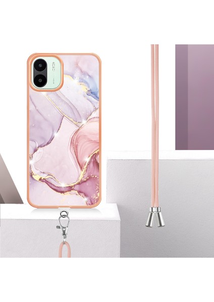 Xiaomi Için Redmi A1 4g/a2 4g Mermer Desen Damla Koruma Telefon Kılıfı Imd Elektroplasyon Çerçevesi Tpu Koruyucu Kapak Lanyard-Rose Altın (Yurt Dışından)