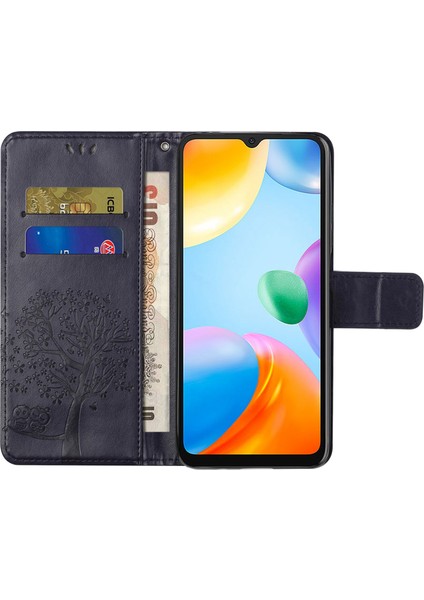 Xiaomi Redmi Için 10C Stand Pu Deri Kılıf Strap-Dark Mor ile Baskalı Baykuş Ağacı Desen Cüzdan Kapağı (Yurt Dışından) modelleri