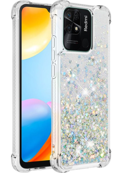Xiaomi Redmi Için 10C Sıvı Quicksans ve Scratch-Dirençli Sequins Tpu Koruyucu Telefon Vaka Silver/kalpler (Yurt Dışından)