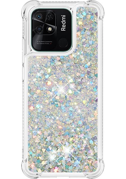 Xiaomi Redmi Için 10C Sıvı Quicksans ve Scratch-Dirençli Sequins Tpu Koruyucu Telefon Vaka Silver/kalpler (Yurt Dışından) modelleri