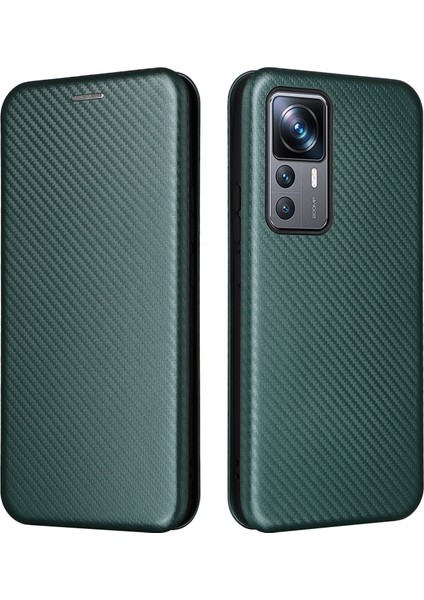 Xiaomi 12T Pro 5g Şok Geçirmez Pu Deri Telefon Kılıf Yuvası Stand Karbon Fiber Doku Manyetik Emilim Flip Kapak Yeşil (Yurt Dışından)