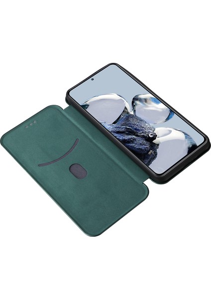 Xiaomi 12T Pro 5g Şok Geçirmez Pu Deri Telefon Kılıf Yuvası Stand Karbon Fiber Doku Manyetik Emilim Flip Kapak Yeşil (Yurt Dışından)